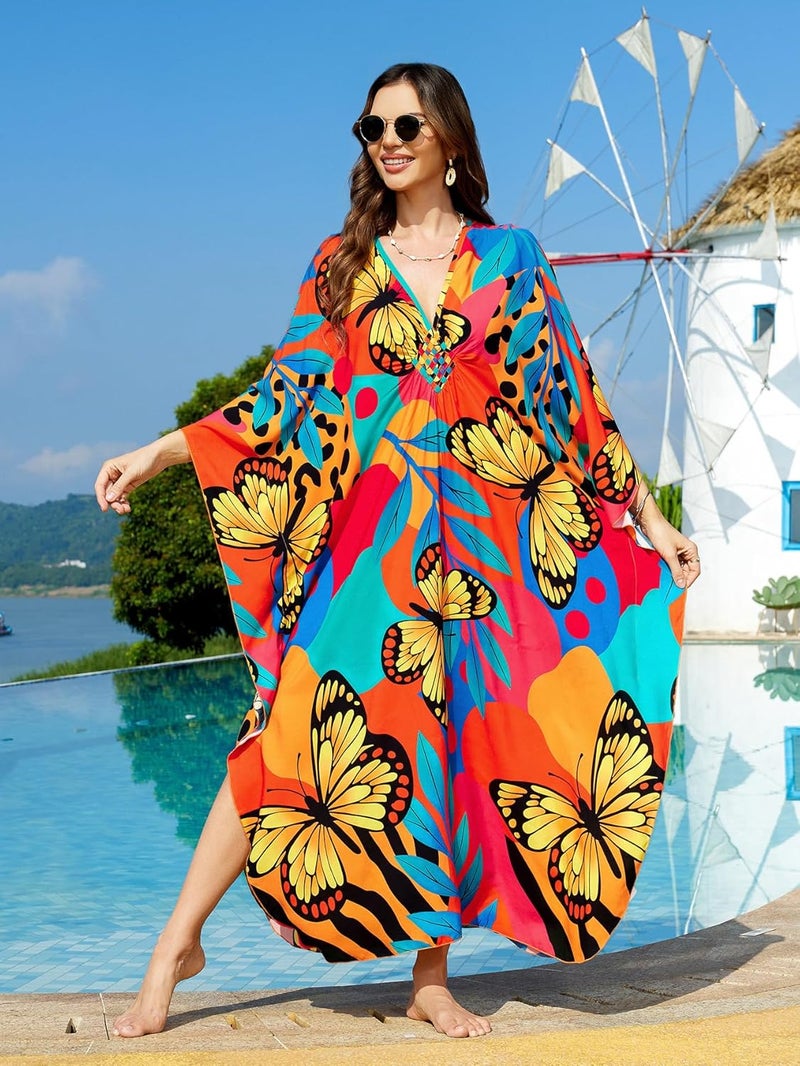 IMAGEKOPE Women's Plus Size Animal Print V-Neck Batwing Kaftan Beach Dress Bathing Suit Cover-Up Loungewear - Image 2
